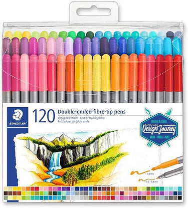Staedtler Design Journey 3200 TB120. Rotuladores para lettering de doble punta. Caja con 120 marcadores de colores variados.